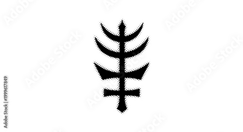 A bold occult symbol inked in deep black with sharp symmetrical lines, centered and minimal composition, black and white halftone illustration, visible dot