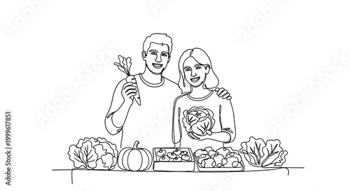 "Market Interaction". Minimalistic one-line drawing couple standing behind stall smiling and displaying seasonal vegetables, continuous single black line on