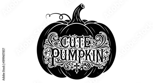 Cute Pumpkin. lettering and all elements in black. Vector style. White background. Pure white background. Perfect isolation and visual consistency.