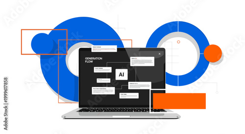 automated content creation system with laptop, text blocks, and AI interface as main subject, black and white realistic screen and workspace elements, bold