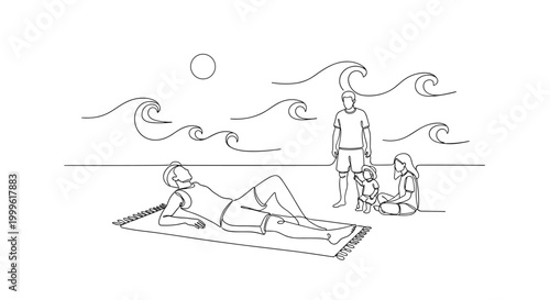 "Family Beach Day". Minimalistic one-line drawing person relaxing on sand with family nearby and simple waves in background, continuous single black line on