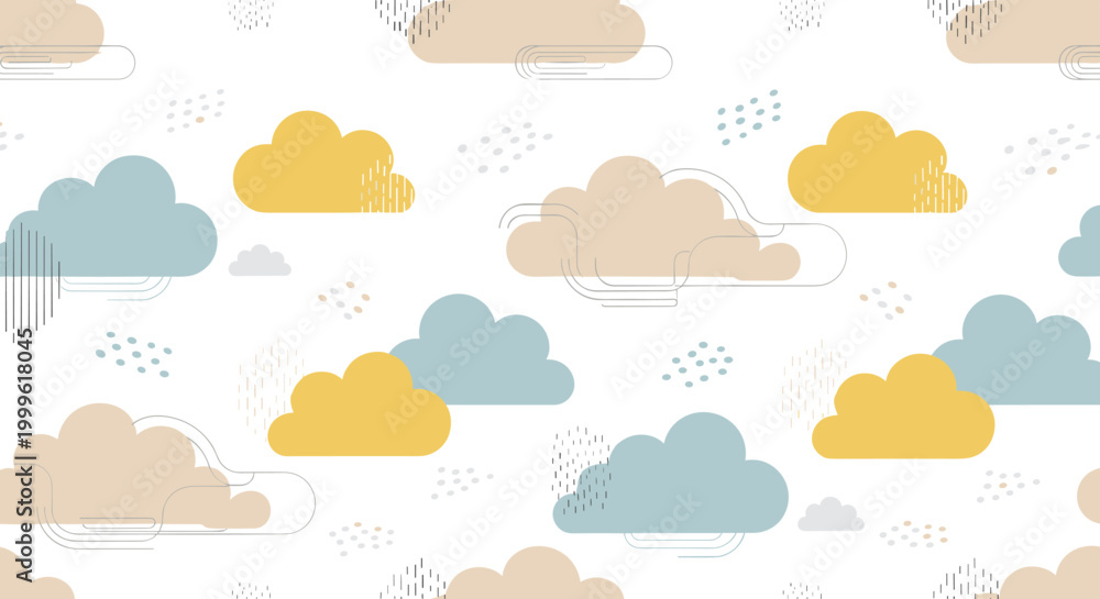 Obraz premium Minimal cloud shapes with abstract stars, seamless pattern, repeating pattern, surface design, textile print, soft color palette, modern illustration, no