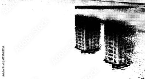 A pair of blurred building silhouettes reflected in a puddle, off-center composition with negative space, black and white halftone illustration, dot pattern