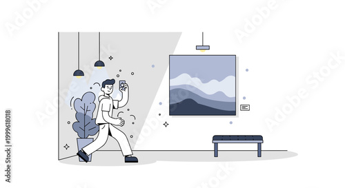 Modern art display. A single artwork is spotlighted on a wall with minimal lighting accents and a small bench nearby. Tiny stars and dots emphasize elegance