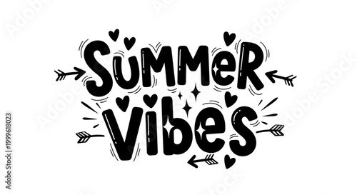 Summer Vibes. lettering and all elements in black. Vector style. White background. Pure white background. Perfect isolation and visual consistency. Funky