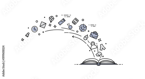Creative storytelling. A single book emits floating symbols like characters and objects, forming a gentle arc above it. Tiny stars and motion lines highlight