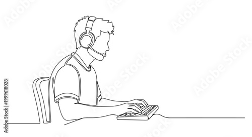 "Competitive Gaming". Minimalistic one-line drawing gamer at desk with headset and keyboard in focused posture, continuous single black line on white