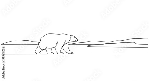 "Arctic Wildlife". Minimalistic one-line drawing polar bear walking across simple ice landscape with horizon line, continuous single black line on white