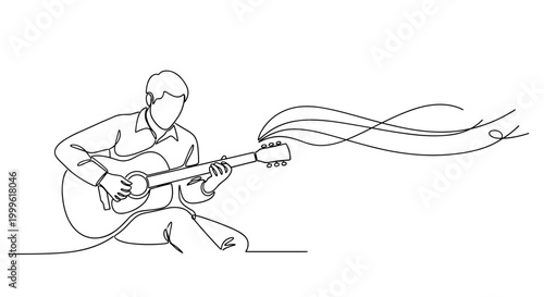 "Indie Music Vibe". Minimalistic one-line drawing musician playing guitar with relaxed posture and flowing sound waves, continuous single black line on white