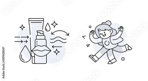 Hydration focus. A lip care product is paired with simple droplets and soft wave shapes, showing moisture and smoothness. Subtle arrows and sparkles highlight