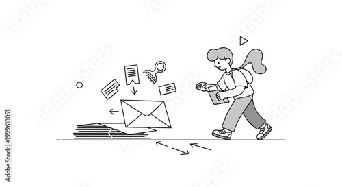 Mail sorting. A single stack of envelopes is placed on a minimal surface while one envelope slides forward, highlighted by subtle arrows. Small labels and