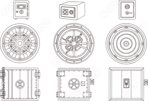 Vector illustration of safes and vault doors in diverse secure storage designs with mechanical details in decorative design