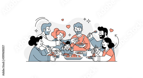 Family and friends sharing meals. A group sits around a table with a central dish, reaching in to serve themselves while smiling and interacting. Small hearts