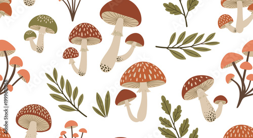 Woodland elements with mushrooms and leaves, seamless pattern, repeating pattern, surface design, textile print, soft color palette, modern illustration, no