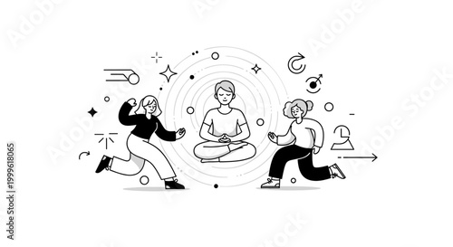 Mindfulness practice. A central figure meditates with eyes closed while soft circular lines radiate outward, symbolizing calm focus. Subtle star and dot