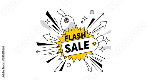 Flash sale poster. A bold central price tag bursts outward with large ?SALE? text, surrounded by dynamic arrows and starburst shapes. Small sparkles and motion