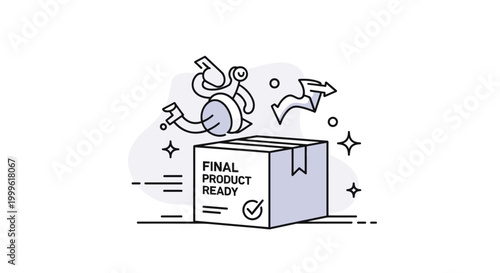 Final product ready. A boxed item is shown complete with a label and checkmark, surrounded by minimal sparkles. Subtle motion lines suggest readiness for