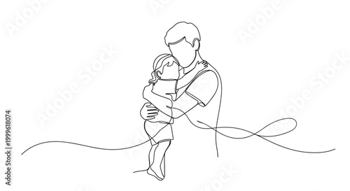 "Emotional Growth in Children". Minimalistic one-line drawing child hugging parent with soft connection lines indicating care and support, continuous single