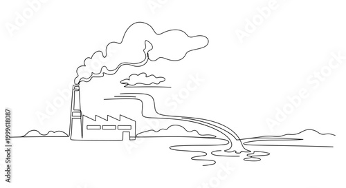 "Environmental Cost of Clothing". Minimalistic one-line drawing textile factory with smoke and water usage lines affecting landscape, continuous single black