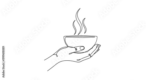 "Comfort Food". Minimalistic one-line drawing hand holding bowl with steam and cozy posture indication, continuous single black line on white background,