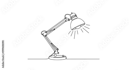 "Desk Light". Minimalistic one-line drawing lamp with swivel arm illuminating workspace or reading area, continuous single black line on white background,