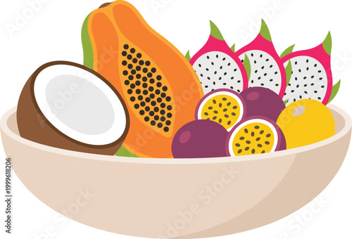 Tropical Fruit Bowl Illustration with Papaya, Dragon Fruit, Passion Fruit, Coconut, and Exotic Fresh Fruits for Healthy Food and Nutrition Design