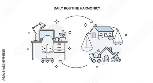 Daily routine harmony. A single scene blends work desk elements with home life symbols like toys or a plant, connected by curved arrows. Small dots and