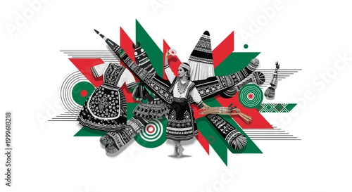 traditional costumes and accessories arranged with dance elements, black and white textiles with rich patterns, bold green and red geometric blocks structuring
