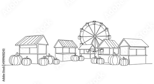 "Autumn Fair". Minimalistic one-line drawing pumpkins, small stands, and a Ferris wheel silhouette in background, continuous single black line on white