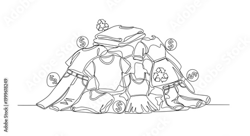 "Fast Fashion Impact". Minimalistic one-line drawing pile of clothing with dollar signs and recycling symbols indicating waste, continuous single black line on