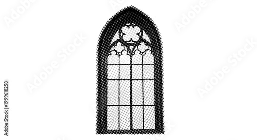 A tall gothic arched window with faint light passing through, partially cropped and slightly tilted, monochrome halftone illustration, dense dot shading,