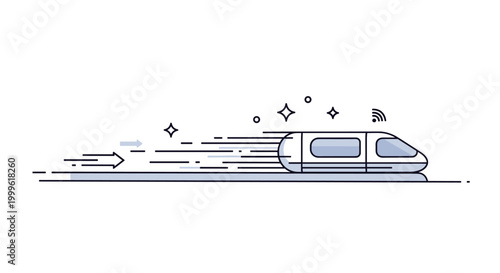 High-speed travel concept. A central capsule accelerates along a straight path, with layered lines behind it creating a sense of velocity. Small sparkles and