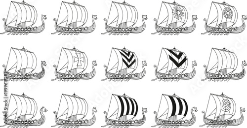Vector illustration of Viking ships with dragon prows and patterned sails in black and white line art