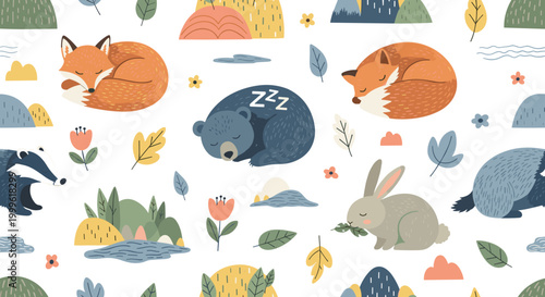 Peaceful animals with nature elements, seamless pattern, repeating pattern, surface design, textile print, soft color palette, modern illustration, no shadows,