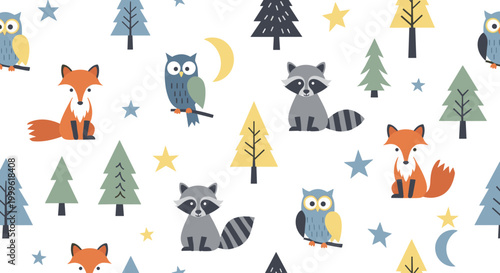 Night forest animals with stars and trees, seamless pattern, repeating pattern, surface design, textile print, soft color palette, modern illustration, no