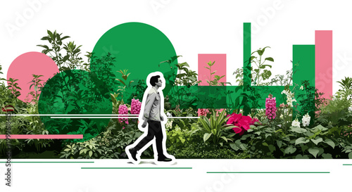 person walking through lush botanical garden as main subject, black and white realistic figure surrounded by dense flowers and plants, bold green and pink