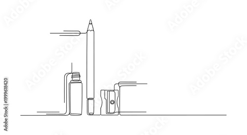 "Beauty Routine Items". Minimalistic one-line drawing eyeliner pencil and sharpener arranged neatly with subtle motion line, continuous single black line on