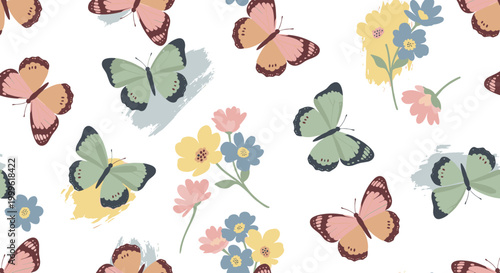 Floral butterflies with paint textures, seamless pattern, repeating pattern, surface design, textile print, soft color palette, modern illustration, no