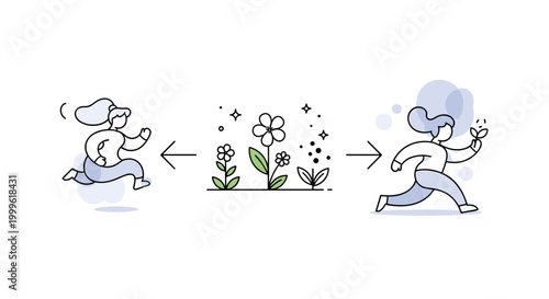 Nature transformation. A central scene shows plants growing, blooming, and fading in a simple progression. Small sparkles and dots emphasize natural rhythm and