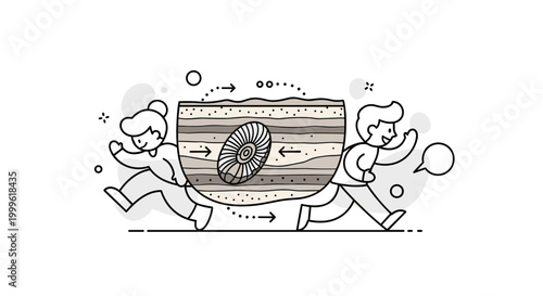Fossils and geological history of nature. A central fossil embedded in layered rock is partially revealed, with visible strata lines showing different time