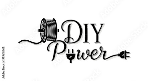 DIY Power. lettering and all elements in black. Vector style. White background. Pure white background. Perfect isolation and visual consistency. Elegant script