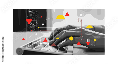 close-up of human typing on keyboard with AI interface overlay, monochrome hands and screen textures, abstract red and yellow geometric shapes symbolizing data