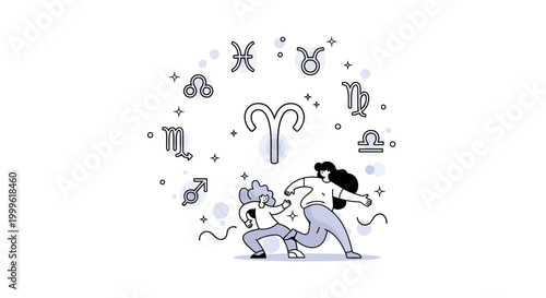 Zodiac signs. A single large symbol is highlighted at the center, with smaller signs arranged in a soft circular pattern around it. Tiny stars and glow effects
