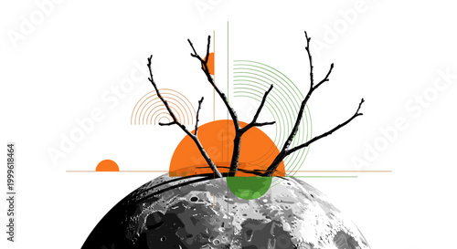 close-up of branches emerging from moon surface, monochrome textures with high contrast, abstract orange and green geometric shapes symbolizing life and
