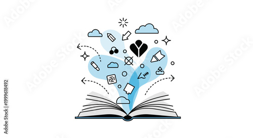 Literary works. An open book rests at the center while abstract shapes like clouds, stars, and tiny icons rise from its pages, forming a flowing story scene.