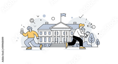 Historic preservation. A classic structure is carefully maintained while subtle modern elements are integrated, shown through balanced shapes. Tiny icons and