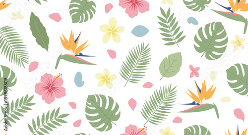 Exotic tropical florals with leaves and petals, seamless pattern, repeating pattern, surface design, textile print, soft color palette, modern illustration, no