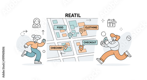 Retail navigation. A central map panel highlights different store sections like food, clothing, and checkout using simple labeled blocks. Subtle arrows and