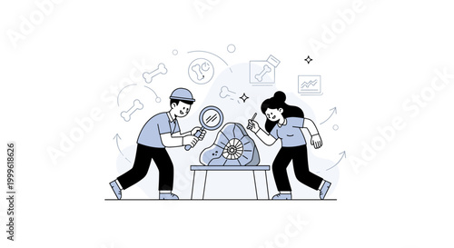 Paleontology study. A researcher examines a fossil with a magnifying tool, while subtle icons like bones and charts appear nearby. Gentle lines and sparkles