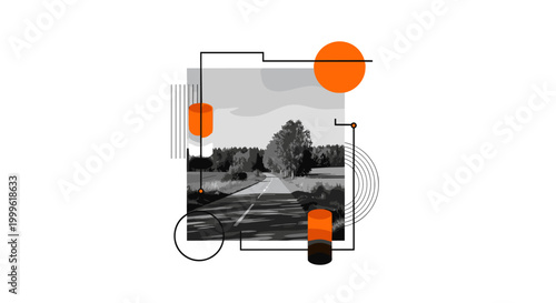 autumn countryside landscape with road disappearing into trees, black and white scenery with strong shadows, bold orange sun-like circle and geometric lines